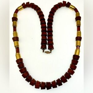 Vintage MCM Wooden Beads and Brass-Tone Metal Accents Statement Piece Boho-Chic